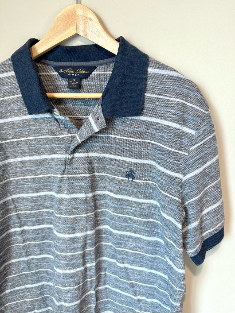 Brooks Brothers Men's Gray Striped Polo with Navy Trim Slim Fit XL - Picture 3 of 4
